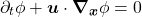 \begin{equation*} \partial_t \phi + \boldsymbol{u} \cdot \boldsymbol{\nabla_x} \phi =0  \end{equation*}